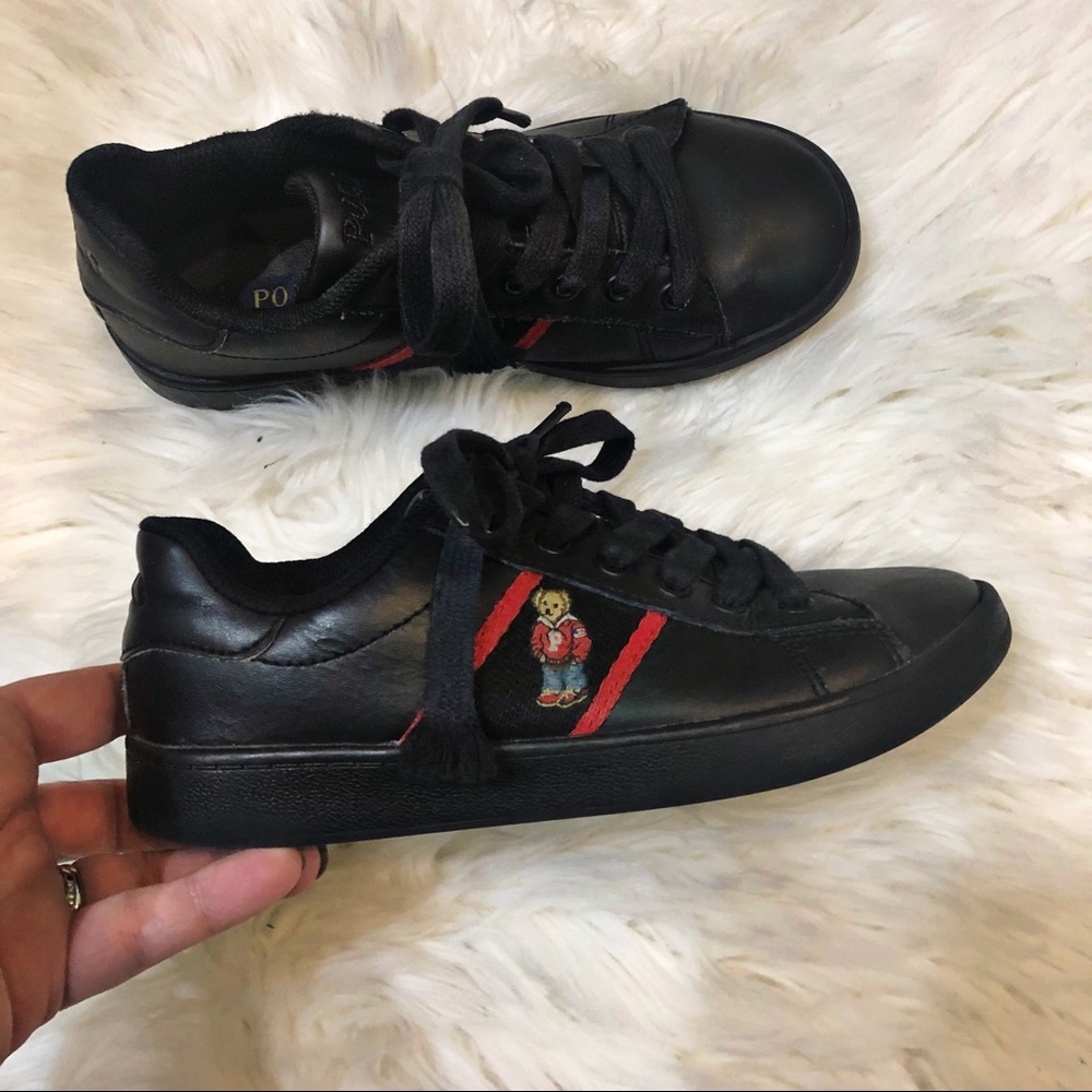 POLO Ralph Lauren Quilton Bear Black Leather Sneakers Boys Size 2
